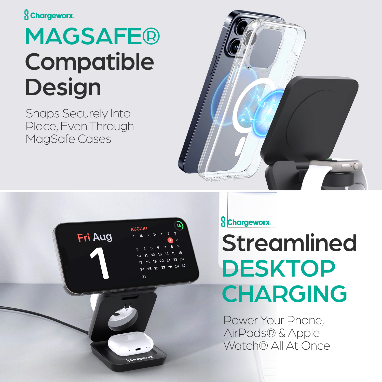 ChargeWorx 3-in-1 Wireless Charging Station, Foldable Magnetic Charger Compatible with MagSafe for iPhone 16/15/14/13/12, Apple Watch & AirPods, 15W Fast Wireless Dock, Travel Charger for Apple