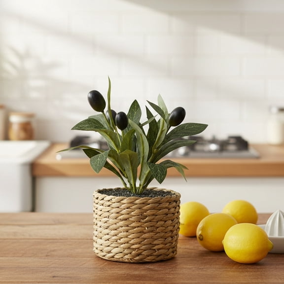 Artificial Olive Potted Plant with Rattan Pot 15cm for Indoor Desktop Living Room Study Decor