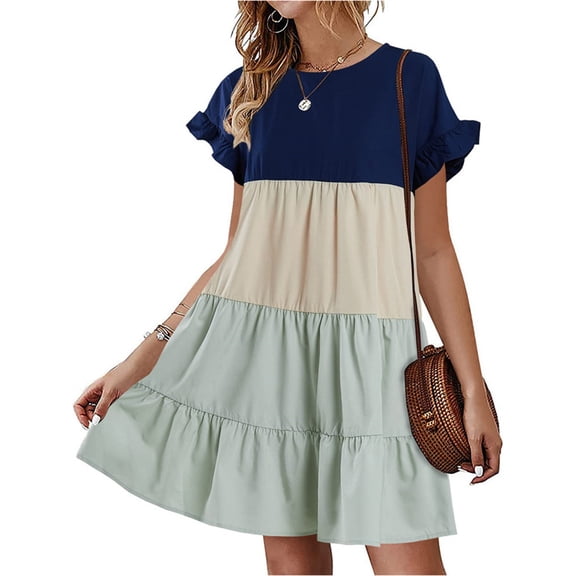 Ruffle Sleeve Women Color Block Striped Loose Dress
