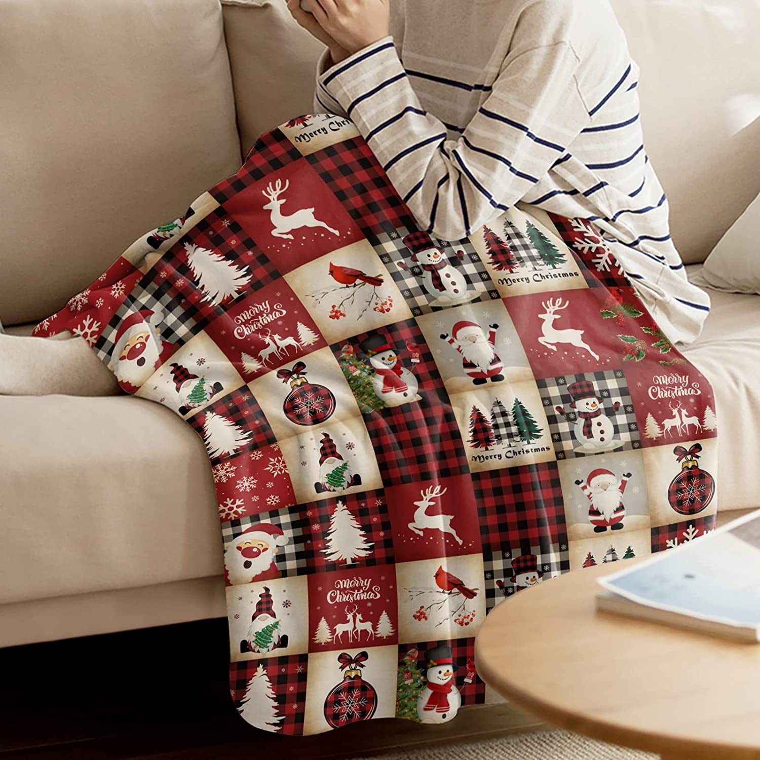 Merry Christmas Red Plaid Blanket Super Soft Flannel Fleece Throw Blankets Elk Santa Snowman Xmas Tree Plaid Blanket Lightweight Cozy Warm Fuzzy Plush Microfiber Blankets for Couch Bed Sofa 40x50inch