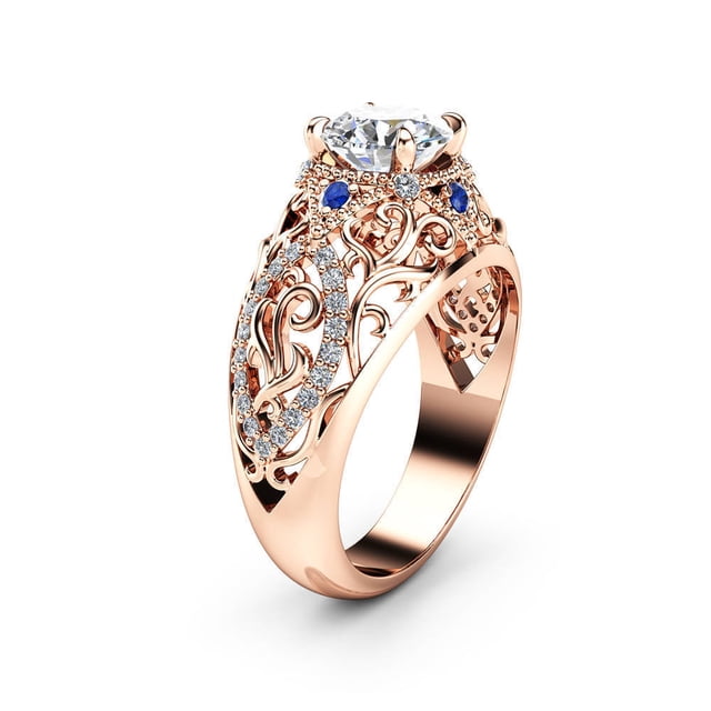 Anillo de compromiso de lujo con zafiro incrustado con diamantes Europa y Estados Unidos Anillo de flores de 14 quilates