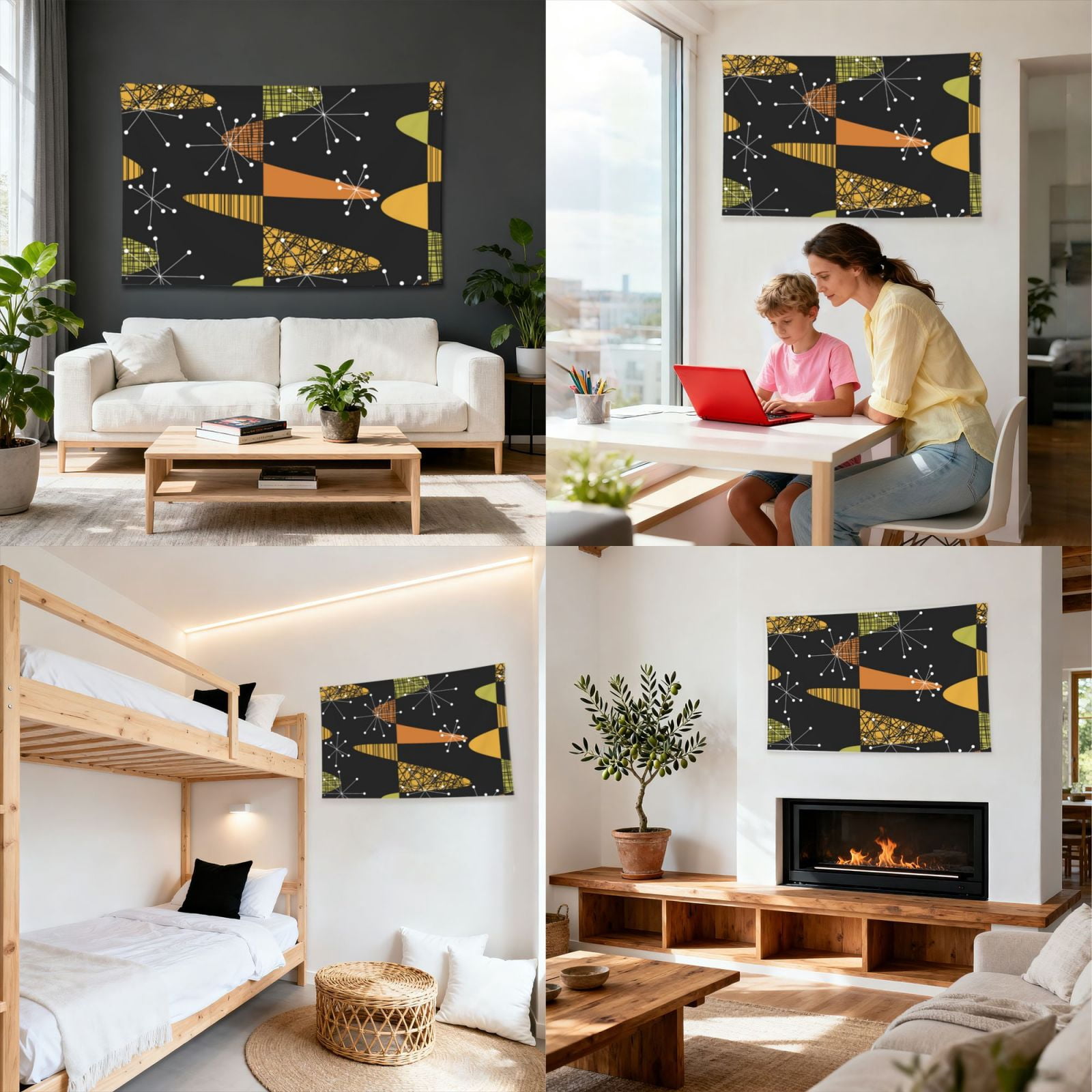Atomic Age Geometric Mid Century Four Hole Decorated Banner Flag for Garden Yard Home Decoration Indoor Outdoor 4x6 Ft