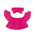 thumbnail image 1 of Ropa Para Bebé (Niño O Niña), Traje Para Niño Pequeño, Moda, Mangas Voladoras s, Color Sólido, Hombro Con Fugas, Top, Lazo, Tocado, Traje, Rosa Fuerte Odeerbi LM103-8687, 1 of 7