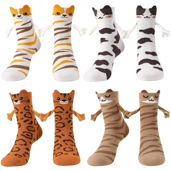 Bocaoying 4 Pairs Crazy Silly Cat Magnetic Socks - Funny Kitten Novelty Crew Socks, Cute Gifts for Cat Lovers Women US 5-8.5