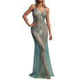 thumbnail image 1 of Vestido bohemio largo y brillante con corte transparente para mujer, glamuroso, glamuroso, con purpurina, para salir por la noche, cuello en V, de malla, para cita, 1 of 5