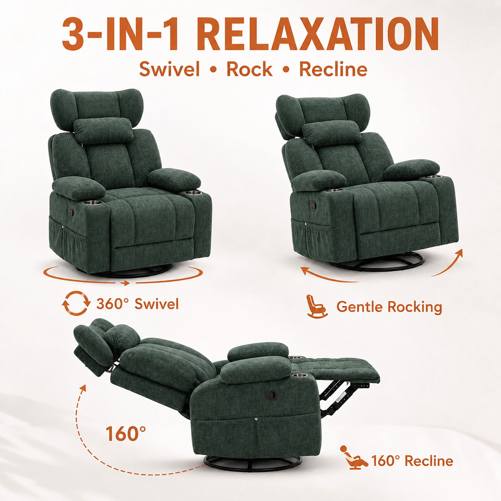 Leumius 360° Swivel Recliner Chair, Single Recliner with Adjustable Detachable Neck Pillow Ergonomic and Cup Holders, 300lbs Capacity Versatile Lounge Chair for Living Room Bedroom Home Theater