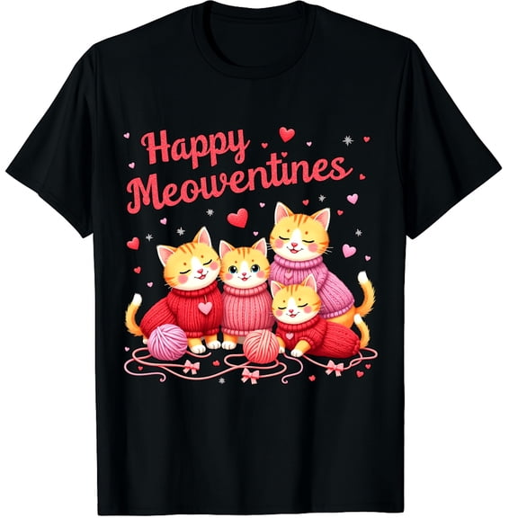 Happy Meowentines Cute Cat Valentine Love Crochet Yearn Graphic Black T-Shirt for Men and Women