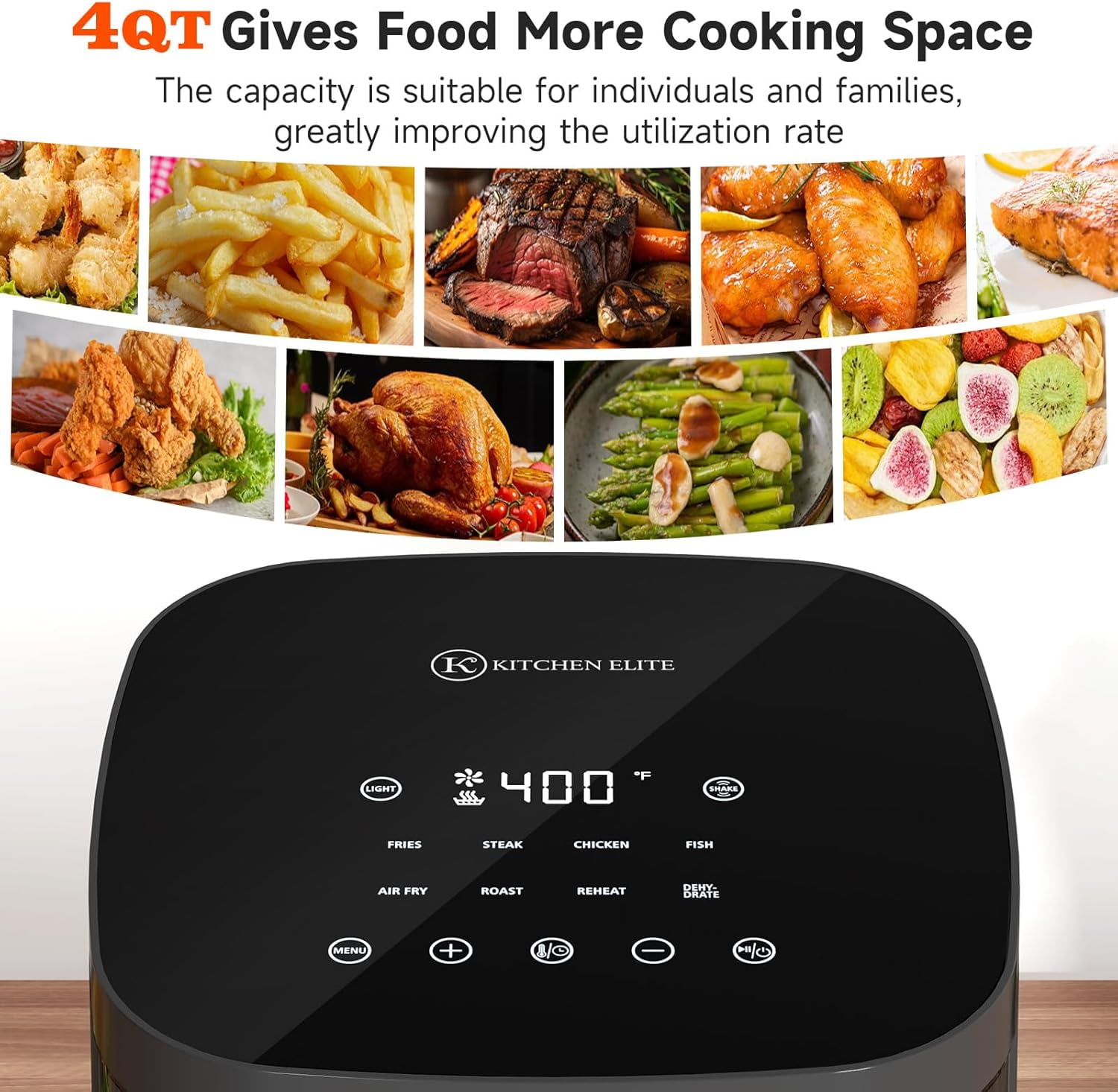 Kitchen Elite Air Fryer with View Window, 8 in 1 Compact Digital Airfryer, 5 °F Precise Control, Saving-Space Design, Nonstick & Dishwasher Safe, Roast, Broil, 1550W, Simple Elegant Gray