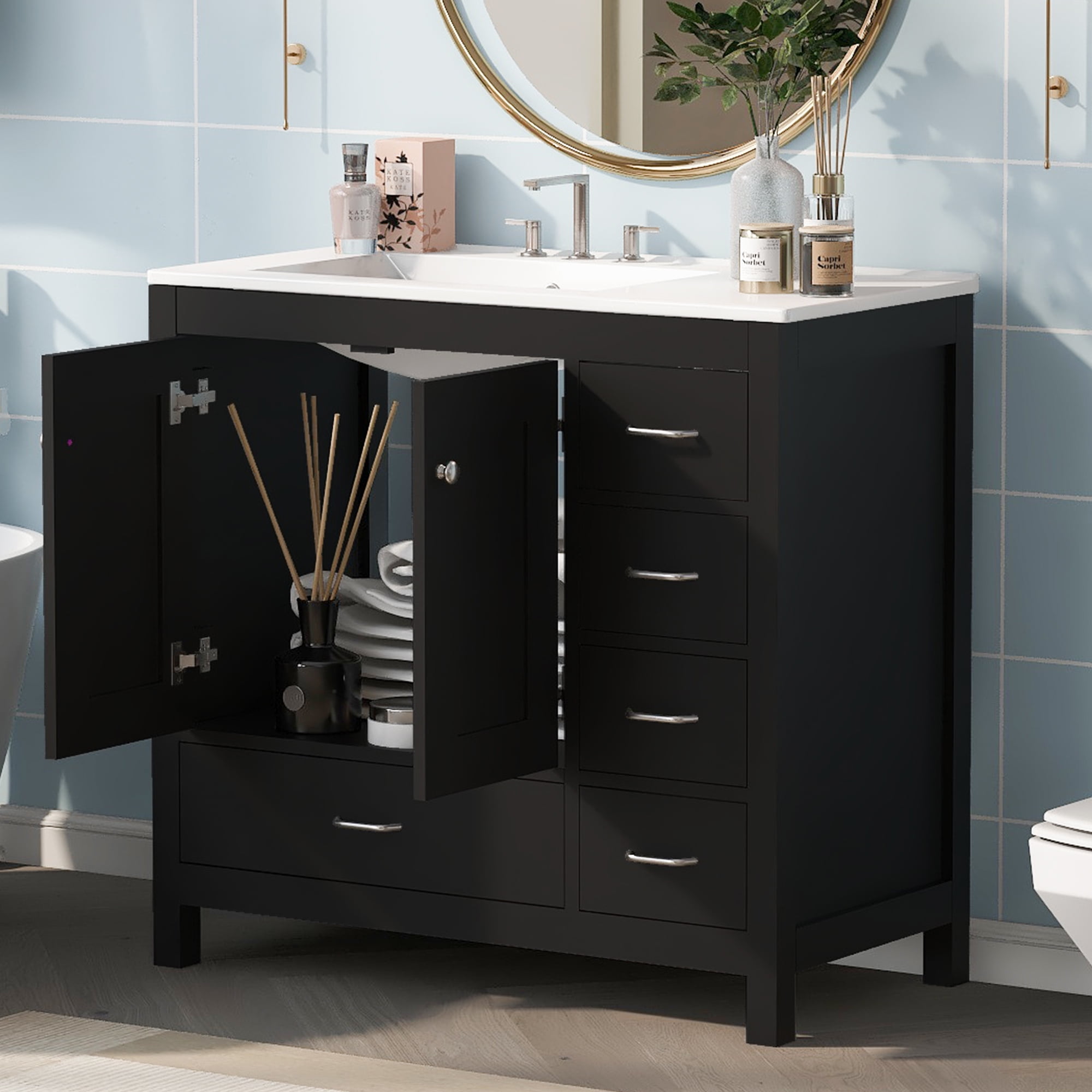Euroco 36" Black Bathroom Vanity with Ceramic Sink Combo, Abundant Storage Cabinet -2 Soft close doors and 5 drawers