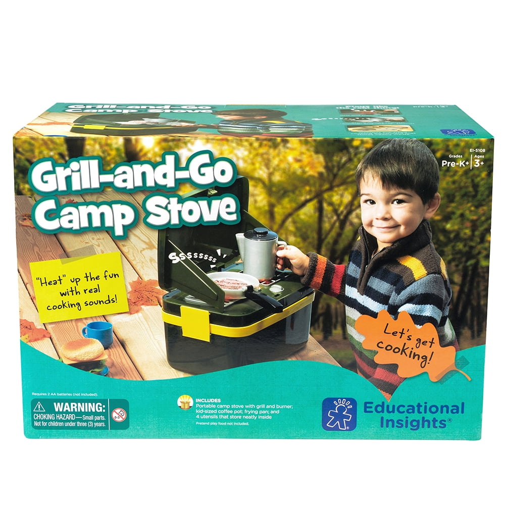 Educational Insights Grill & Go Camp Stove, Plastic Pretend Play Set with Lights and Sound, Play Food, Kids Ages 3+