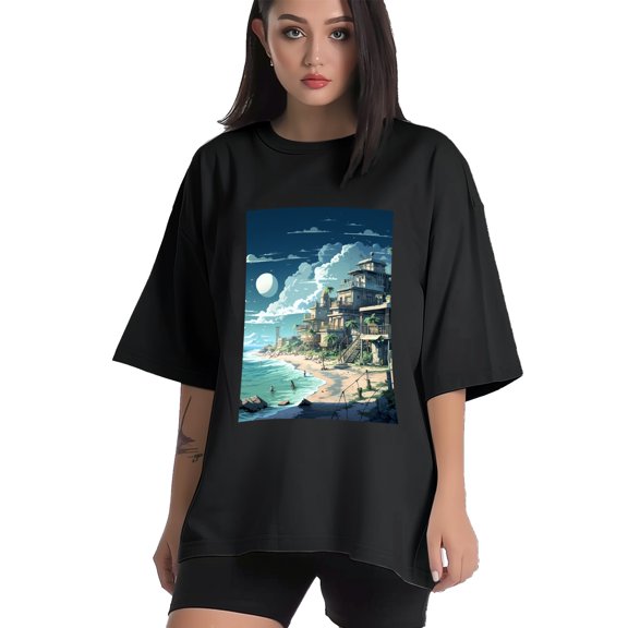 Plus Size Shirt for Women Black Tops for Women Short Sleeves Shirt for Women Seaside (29) T Shirt Crewneck Shirt for Women XS