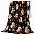 thumbnail image 2 of Cartoon Ghosts with Jack O Lantern Buckets, Whimsical Halloween Style for Ghost Lovers, Cozy Witch Hat Scene, Flannel Blanket for Bedroom and Family Room, Halloween Gift and Spooky Home Decor, 2 of 9