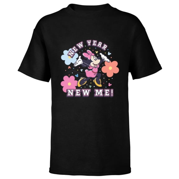 Disney Minnie Mouse Pastel Flowers New Year New Me - Short Sleeve T-Shirt for Kids - Customized-Black