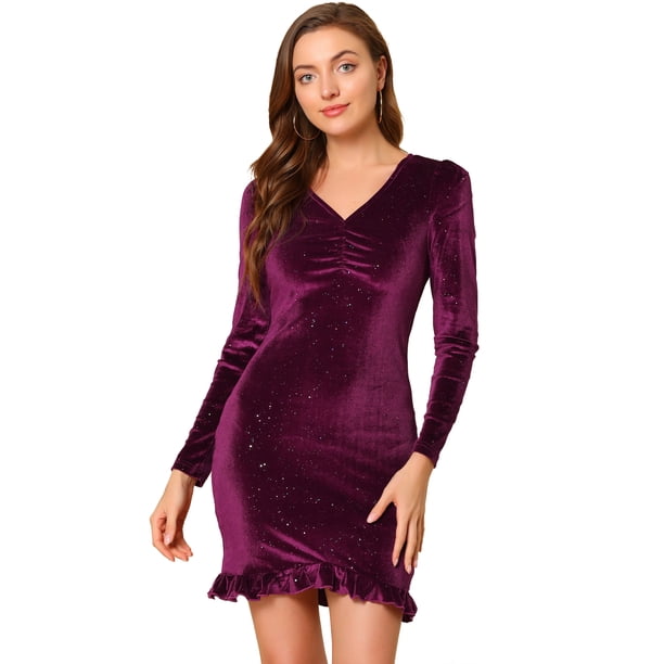 Vestido Con Volantes Brillantes De Terciopelo Con Cuello En V Para Mujer Púrpura S