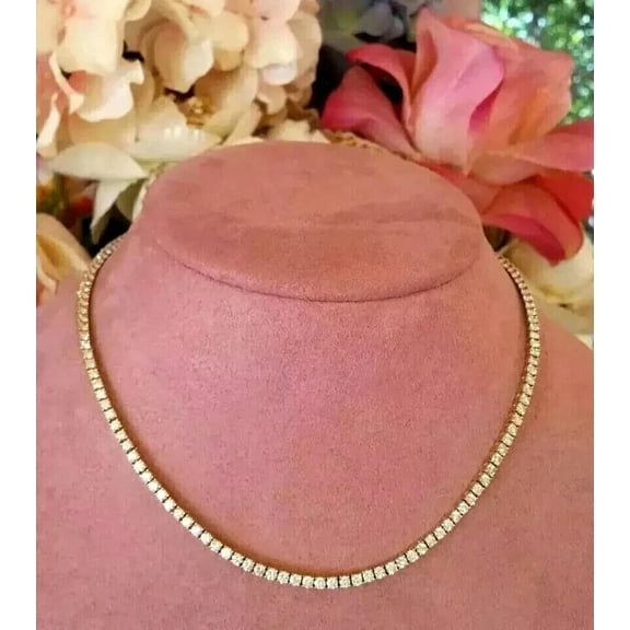 Tennis Necklace 14K Yellow Gold Plated 10 Ct Round Cut White Moissanite