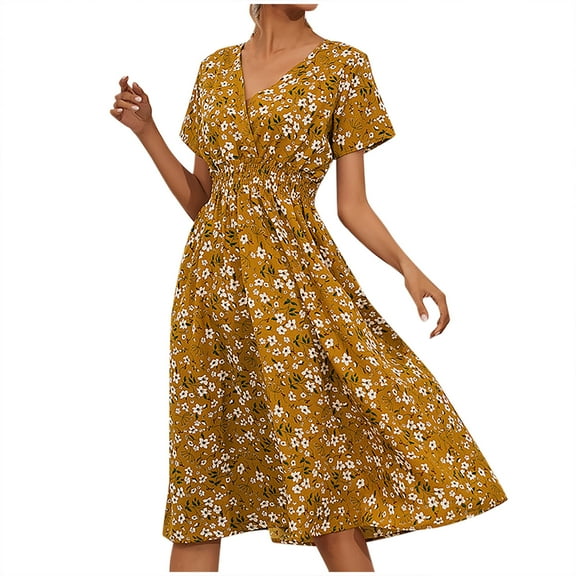 Summer Dress Saving! Women's Casual Plus Size Summer Casual Short Sleeve V-Neck Floral Leisure Slim Dress Yellow XL