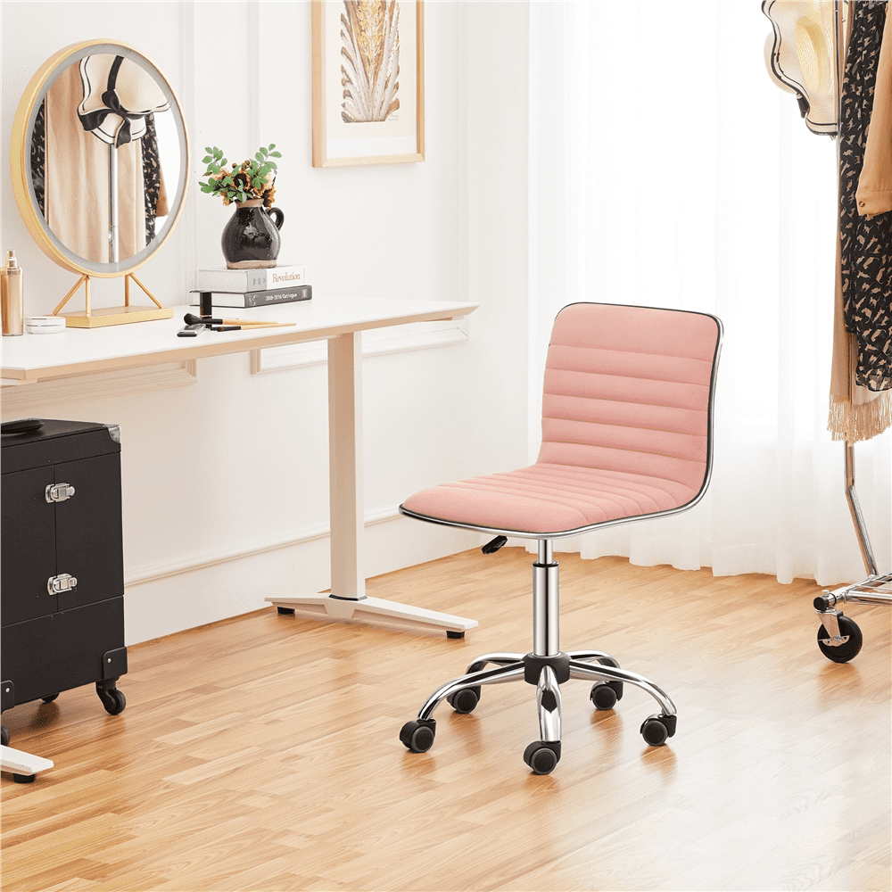 Yaheetech Velvet Low Back Armless Office Chair with Wheels, Apricot Pink