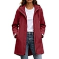 thumbnail image 3 of Womens Hooded Jackets, Mid Length Waterproof Windbreaker with Zip Button Placket & Pockets, Trendy Outerwear, Hiking Travel Wear | VerBelle,Wine S, 3 of 9