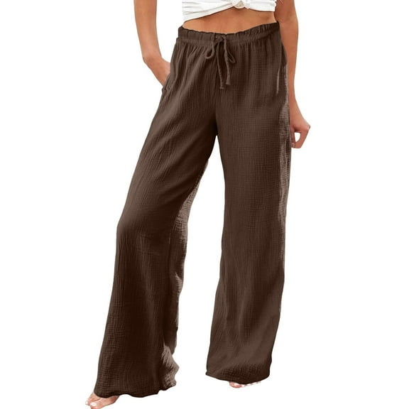 Women Pants High Waist Wide Leg Pants Drawstring Elastic Trousers Comfy Straight Leg Long Pants With Pockets