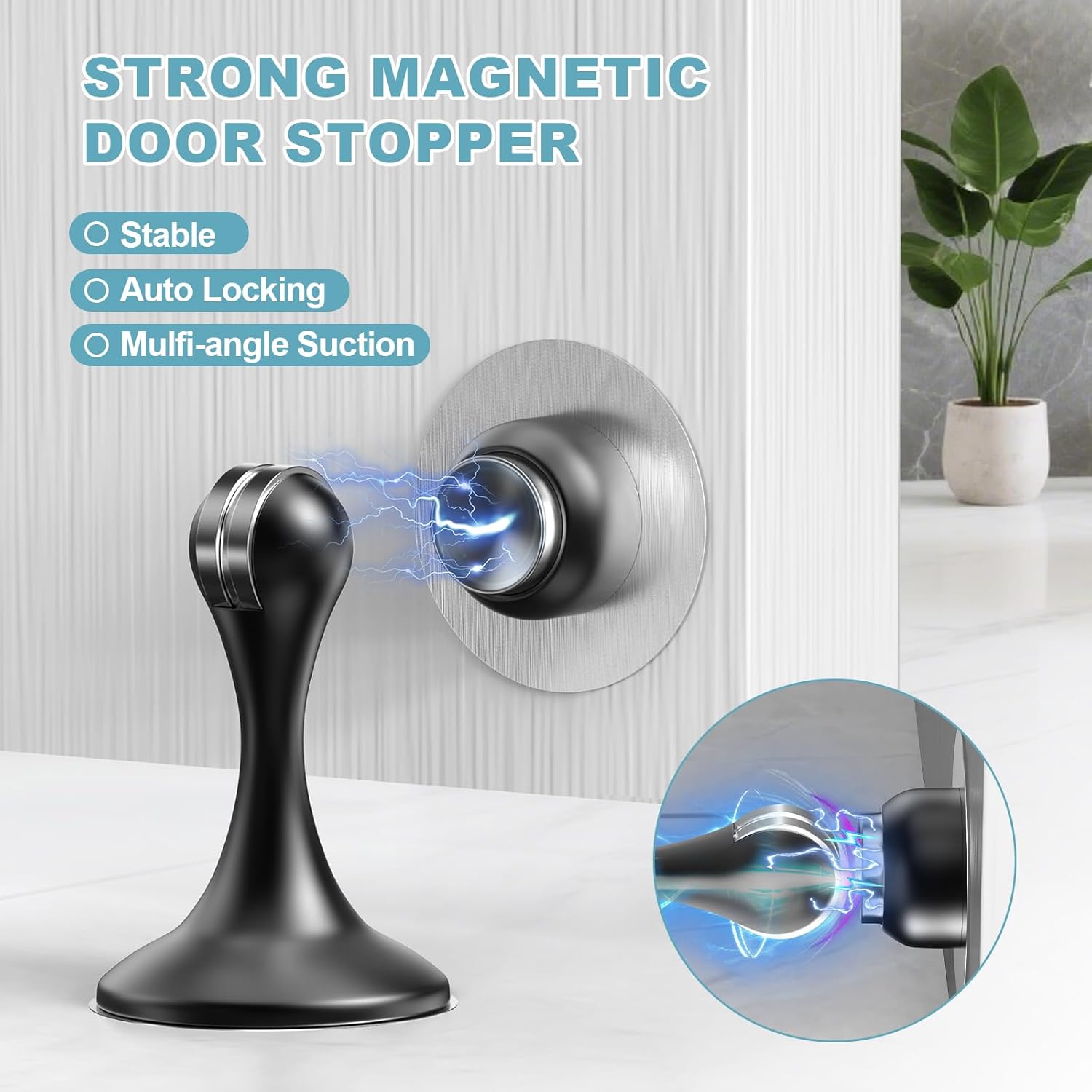 JJEAN-Magnetic Door Stoppers 4 Pack, Stainless Steel Door Stops for Wall and Floor Mounting, Door Holder Keep Door Open, No Drilling Door Stop with 3D Adhesive Tapes, Black