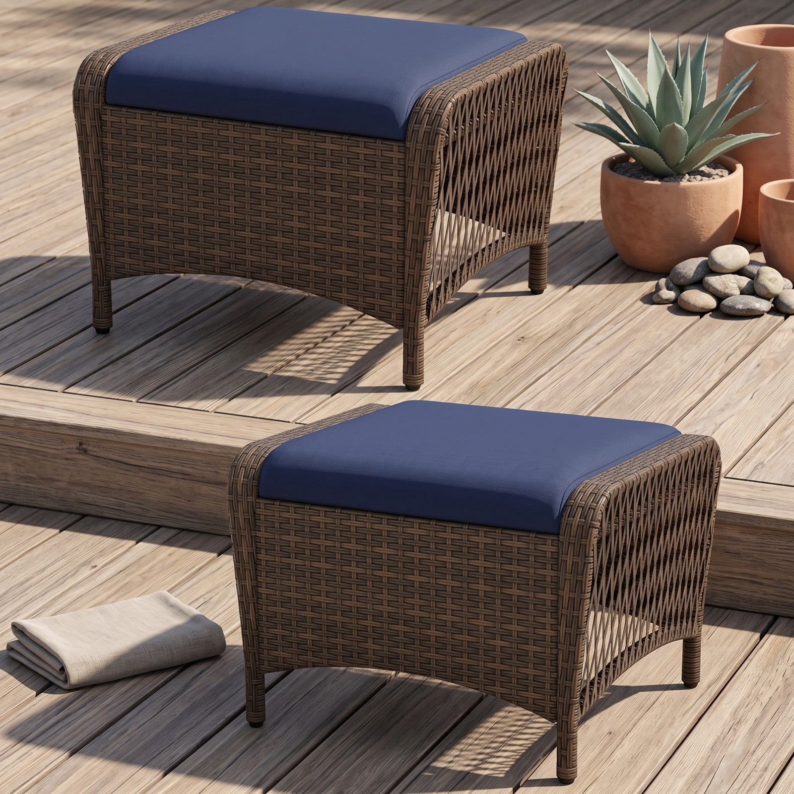 Furnibear Set of 2 Outdoor PE Wicker Patio Ottomans with Removable Cushions for Foot Rest, Extra Seating and Side Table Use, Navy