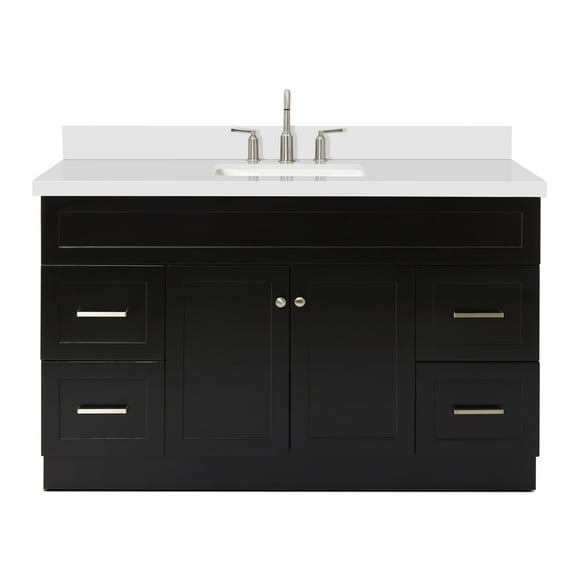 ARIEL 55" Inch Bathroom Vanity in White with 1.5" Inch Thick Edge White Quartz Countertop, 2 Soft Closing Doors & 4 Full Extension Dovetail Drawers, Built in Toe Kick, Satin Nickel, No Mirror (Black)