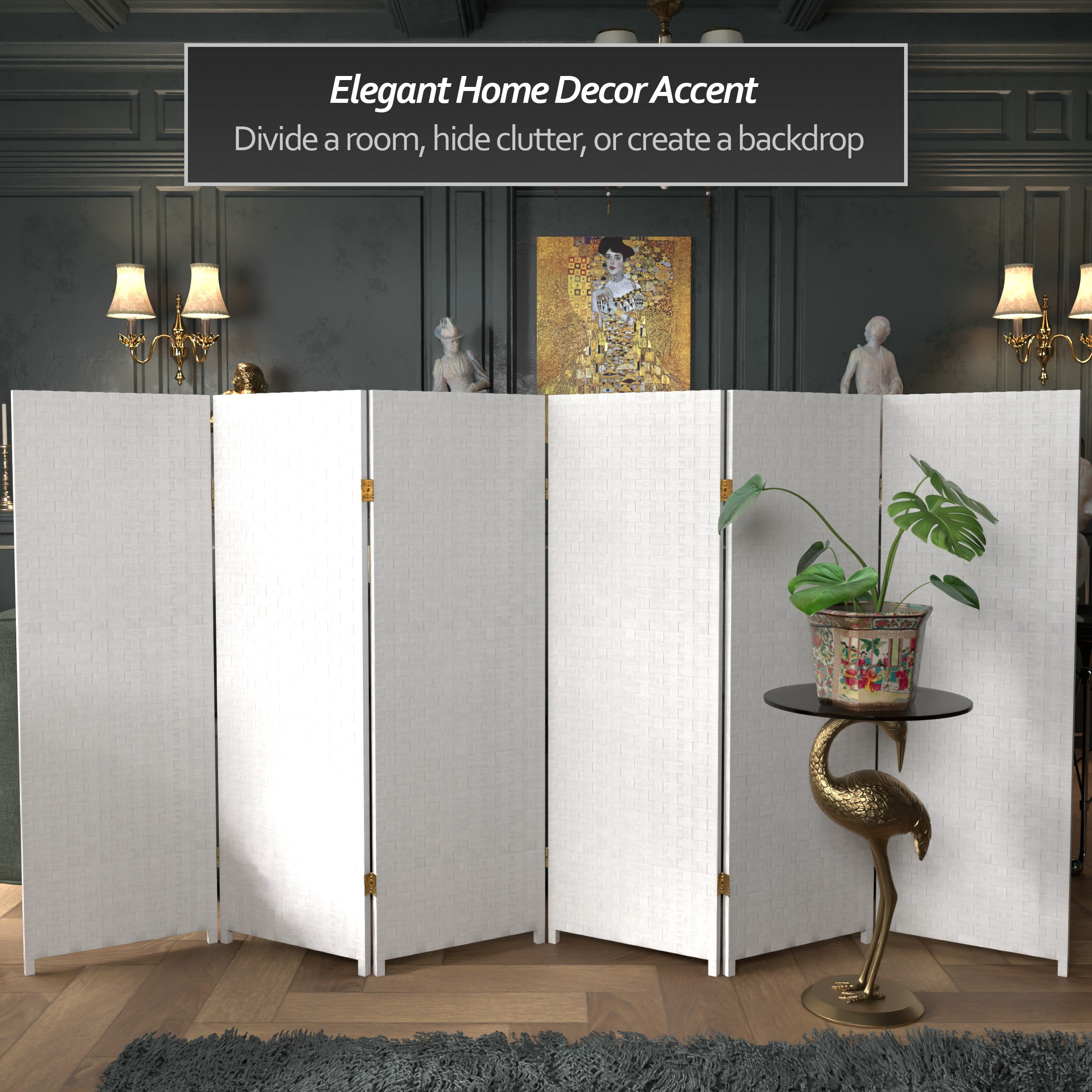 Red Lantern 4 ft. Short Woven Fiber Folding Screen - White - 6 Panel