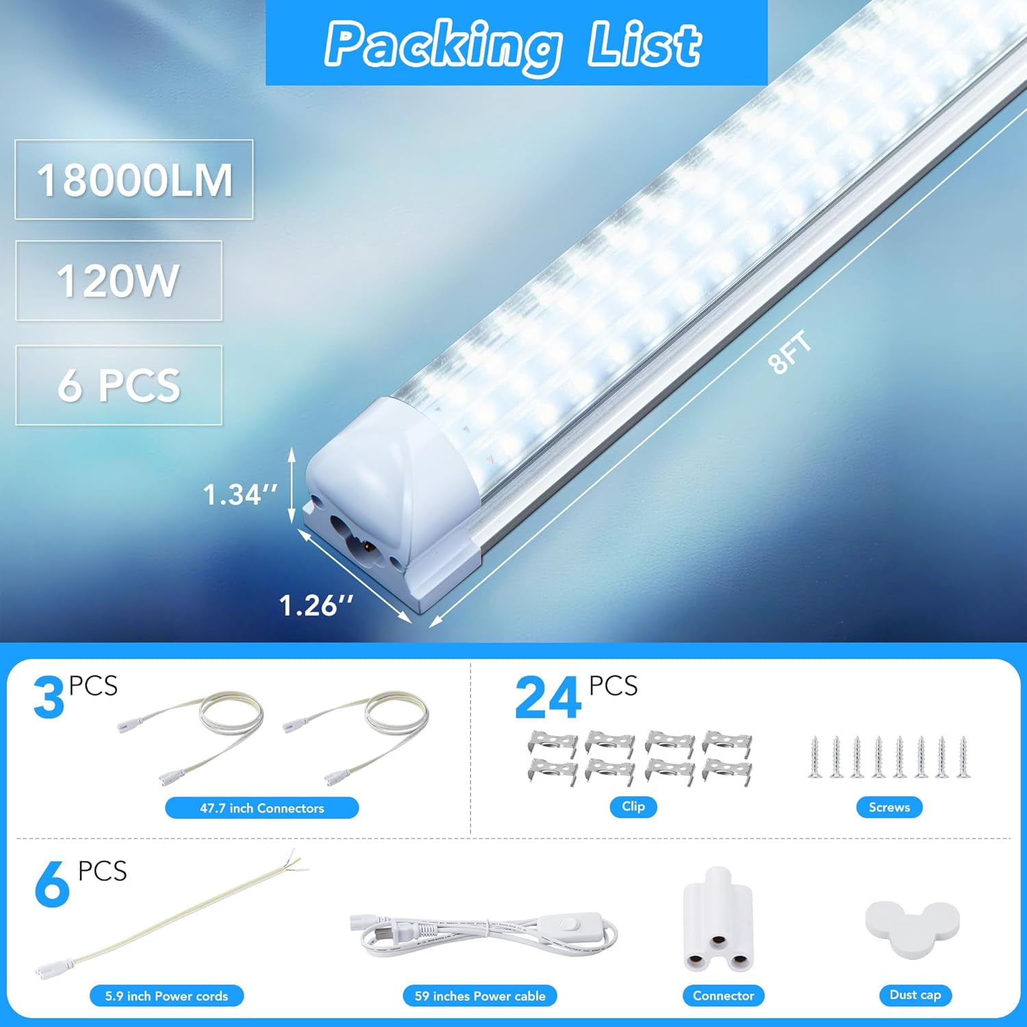 U Shape T8 8ft LED Shop Light Fixture Linkable, 150W Cold White 6000K 6-Pack