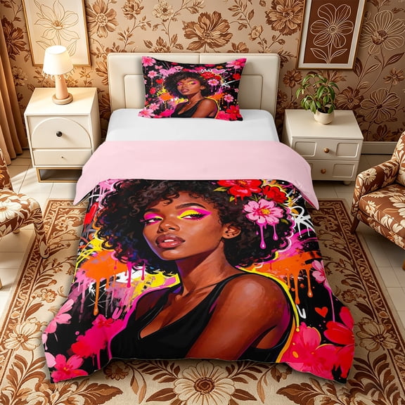 Castle Fairy Black Girl Chic Floral Twin Duvet Cover,Graffiti Splash Twin Bedding,Pink Black,Grey Reversible,1 Duvet Cover and 1 Pillowcase