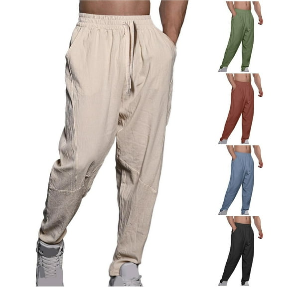 YanHoo Men's Cotton Linen Pants Casual Lightweight Drawstring Harem Pants Loose Fit Elastic Waist Beach Summer Boho Yoga Trousers with Pockets Black,M