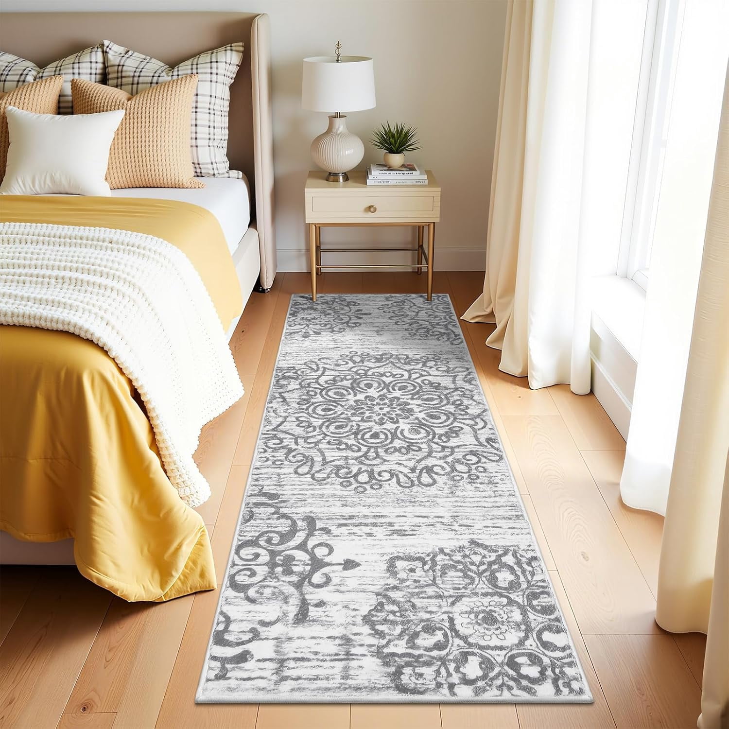 Findosom 2'x6' Vintage Boho Kitchen Rug Runner for Hallways Machine Washable Non Slip Hallway Runner Rugs 0.6 inch Thickness Medallion Floor Runner Rugs for Entryway Bedroom Laundry Room Gray