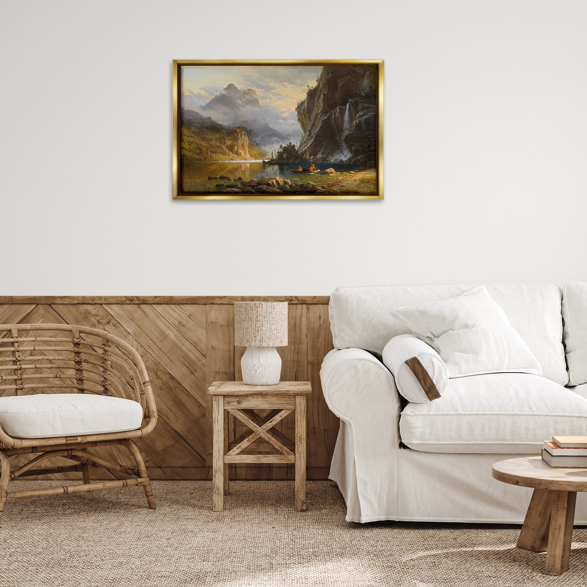 Stupell Industries Classical Spear Fishing Landscape & Nature Painting Gold Floater Framed Canvas Art Print Wall Art, 31 x 21