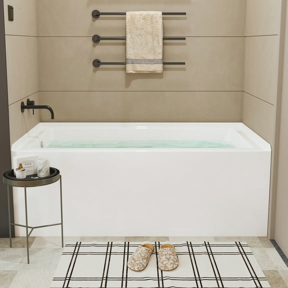 60 Inch Acrylic Rectangular Alcove Soaking Bathtub, Rectangle 60-Inch x 30-Inch Alcove Bath with Integral Apron, Integral Flange and Left Hand Drain, White,Chrome Pop-Up Drain