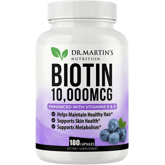 10,000 mcg Biotin Supplement Enhanced with Vitamin D & E | 180 Count | Hair Growth Vitamins Supplement | Supports Healthy Skin & Strong Nails | Energy Support | Vitamin B7, D & E | For Men & Women