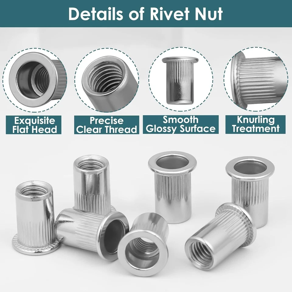 CIRCLE- 50Pcs M6 Rivet Nuts,Stainless Steel Threaded Rivet,Knurled Nutsert,Flat Head