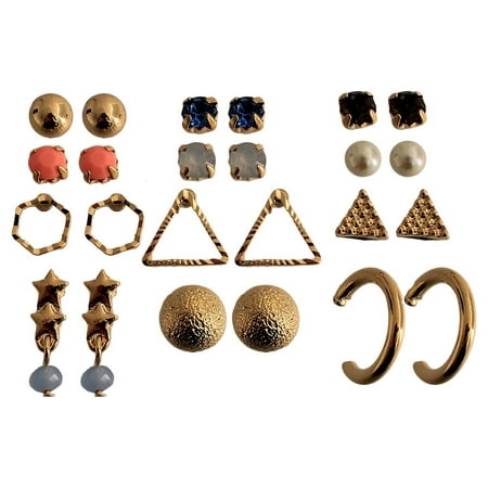 Essentials 12 Pair Gold Tone Motif Earrings