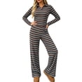 thumbnail image 2 of LEKWK Matching Workout Sets for Women Striped 2 Piece Lounge Set V Neck Long Sleeve Slim Crop Top and Wide Leg Pants Fall Winter Casual Sleepwear, 2 of 9