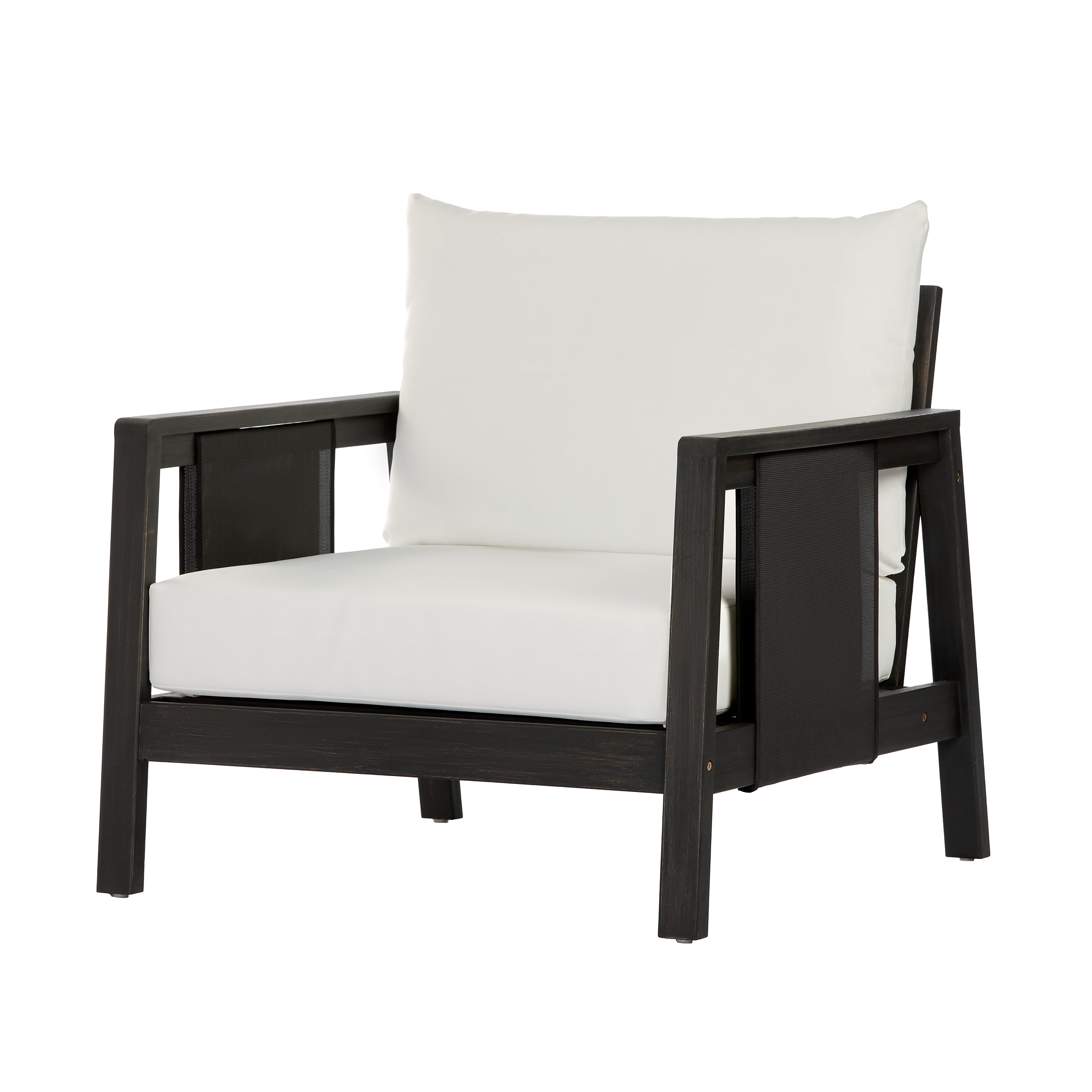 Club Chair, Outdoor Acacia Wood Frame Chair with Black Textilene Accents Water-Repellent White Cushions, Dark Grey