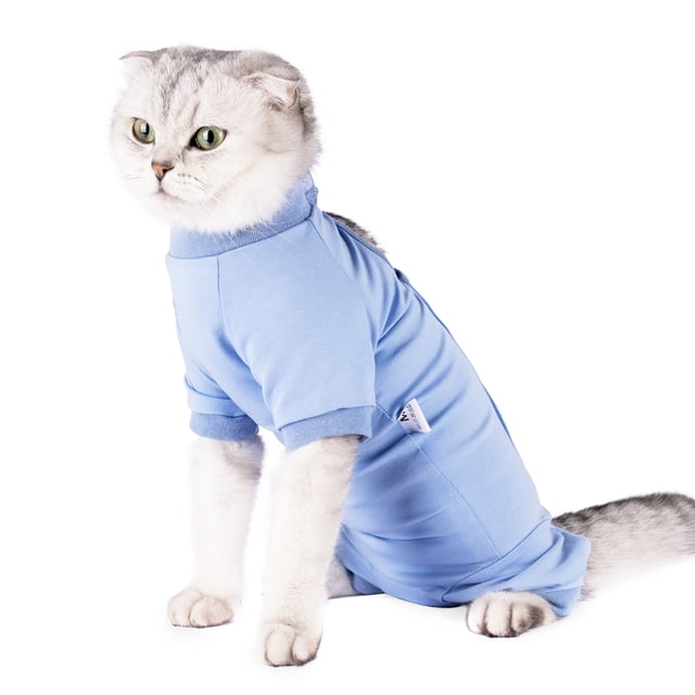 Modal Fabric Cat Recovery Suit - Anti-Licking Abdominal Wound & Skin Disease Protection, Stretchy Neck/Limb Design with Quick-Fastening Closure, Post-Surgery & Weaning Pet Clothing - Blue, Size M