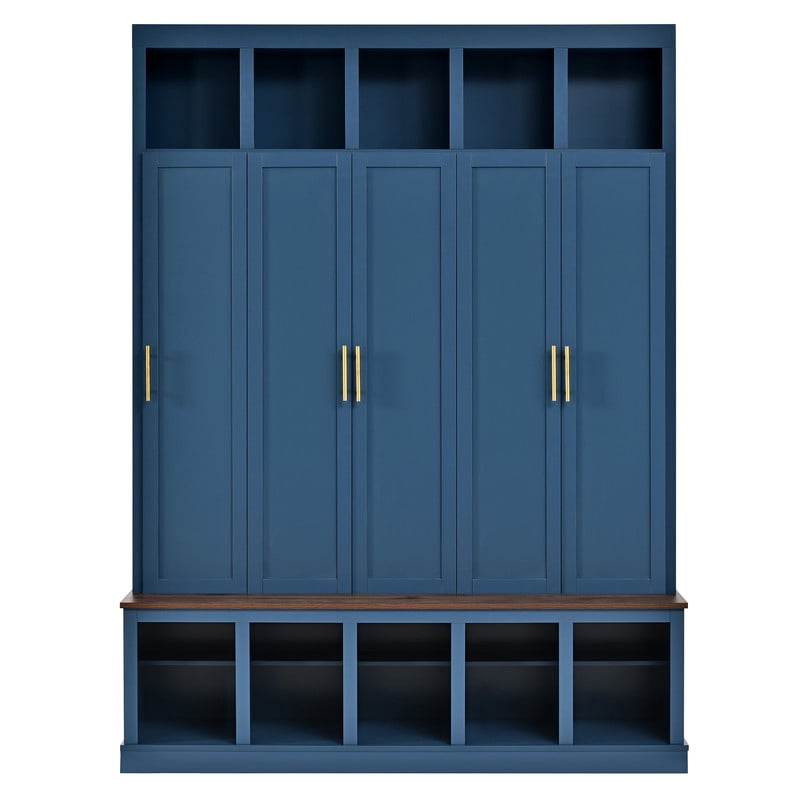 Farmhouse Hall Tree with 5 Doors and Top Storage Compartments, Entryway Coat Rack with Hooks, Mudroom Bench with Shoe Cubbies for Hallway Living Room