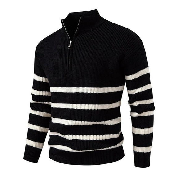 Wutalume Men's Round Neck Striped Colorblock Sweater with Half Zip Stand Collar Inner Slim Pullover, Versatile for Layering,Black L