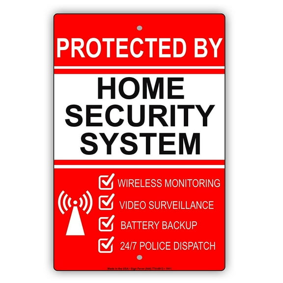 Protected By Home Security System Wireless Monitoring Video Surveillance Battery Backup 24/7 Police Dispatch Notice Aluminum Metal Sign 8"x12" Plate