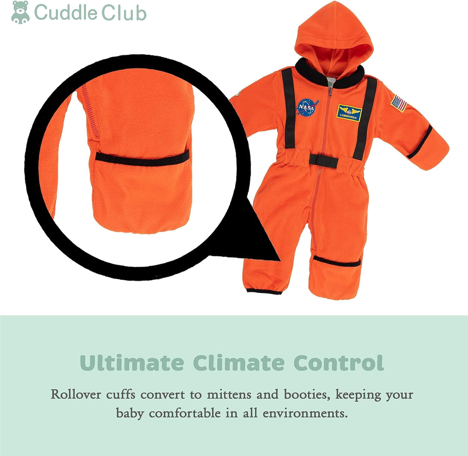Cuddle Club One Piece Romper Hooded Fleece Onesie Jumper for Baby, Astronaut Orange 12-18 Mos