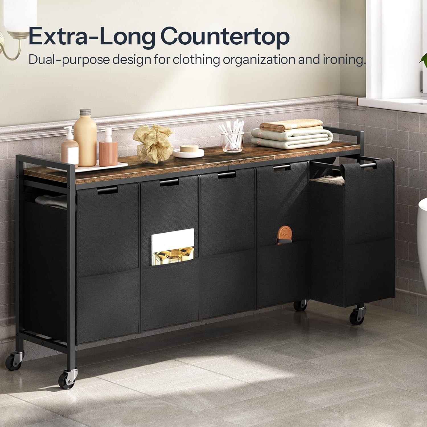 Laundry Sorter 5 Sections, Laundry Hamper with Wheels, 5 × 10.5 Gallon (40 L), Rolling Laundry Basket, Pull-Out and Removable Oxford Fabric Bags, Rustic Brown and Black BF07XY01
