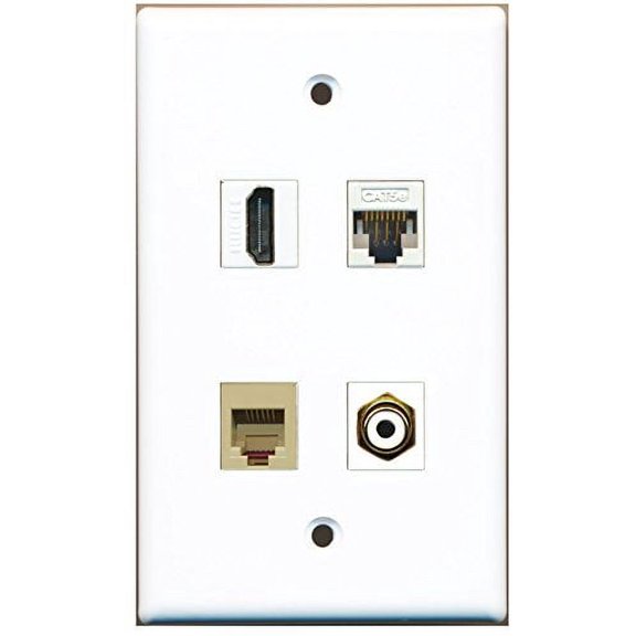 RiteAV - 1 Port HDMI 1 Port RCA White 1 Port Phone RJ11 RJ12 Beige 1 Port Cat5e Ethernet White Wall Plate