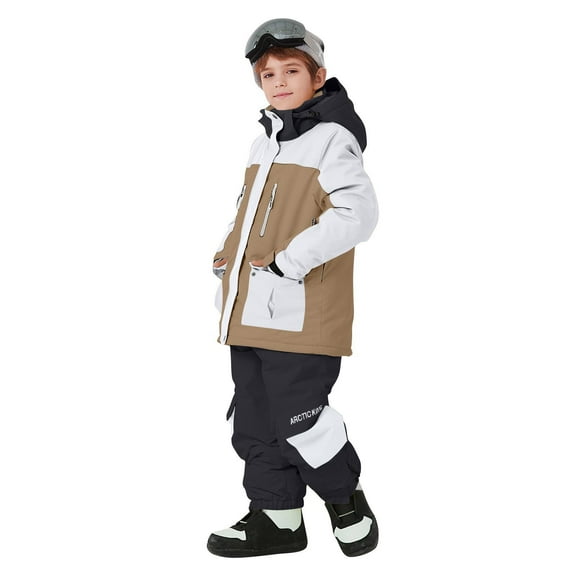 SGFCWSX Kids Color Block Ski Suits Set Boys Girls Insulated Waterproof Windproof Snow Outfit for Winter Snowboarding and Skiing Brown Size 9-10 Years