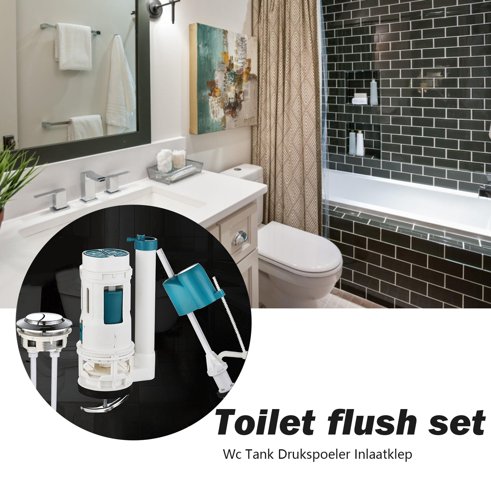 Toilet Cistern Outlet Valve & Chrome Dual Push Flush Button Syphon Control Part 