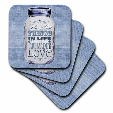 3dRose Mason Jar on Burlap Print Blue - The Best Things in Life are Made with Love - Gifts for the Cook - Ceramic Tile Coasters, set of