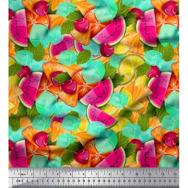 Soimoi Silk Fabric Lemon Slice,Cherry & Watermelon Fruits Printed Fabric 1 Yard 42 Inch Wide