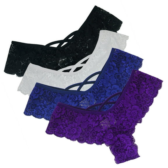 Tao Tao 4PC Women's Floral Lace Thongs Bikini Panties Fashion Lingerie Panty T Back Underwear Black,Blue,Purple,White L